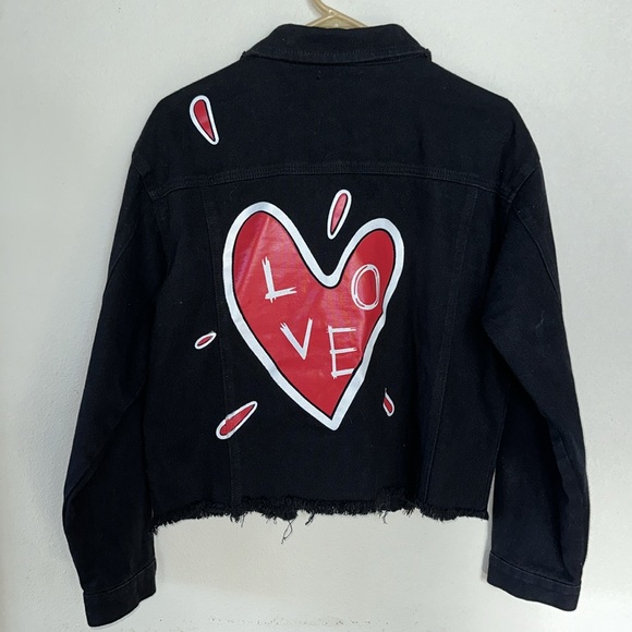 SHEIN Women’s Black Jean Jacket with Hearts Graphic Size M - Picture 2 of 6